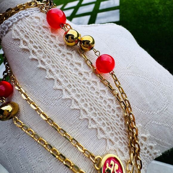 Tory Burch Rosary Station Red Enamel Necklace and Earrings - Picture 5 of 5